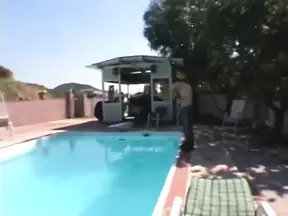 MILF gives a deepthroat blowjob to the poolboy while her hubby is gone