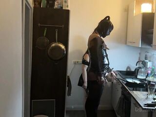 Slavemaster mother I'd like to fuck Stretches Latex Sub's Booty Wide in Kitchen