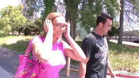 Glassed teacher with natural monster boobs goes wild with big cock