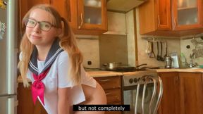 Cosplay in Japanese College Uniform, Girl Masturbates and Cums in the Kitchen