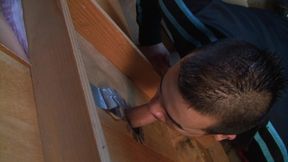 Sucking in the glory hole while girl is watching