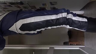 Walking ans posing in my blue bike leathers