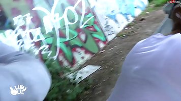 Pretty German brunette girl Lilly Lil gets anally fucked near the car