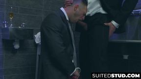 Suited men steam up the bathroom with rough sex