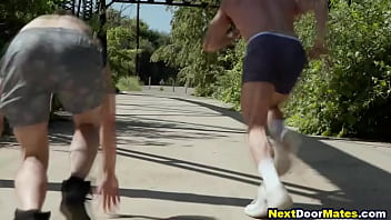 Gay friends workout before bareback anal