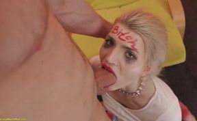 This crazy slut gets her face stretched to the max in rough anal sex
