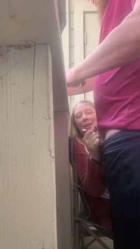 Babysitter jerks cock off on the patio during a busy day