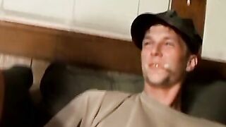 Straight thug masturbates with buddies and takes facial cum