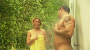 Brunette babe with a tattooed ass gets fucked outdoors