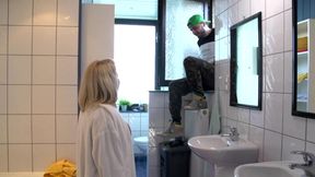 Lucky tattooed MILF fucked hard in the bathroom