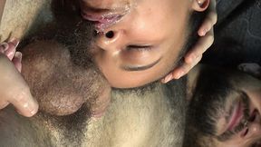 close up to a big hairy bush making him a handjob finishing in my long nails and sucking the cum from the pubic hair