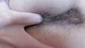 Close up hairy asshole teasing and fingering