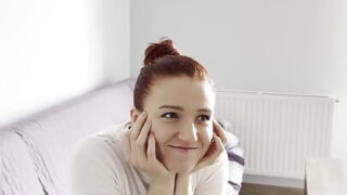 Amateur European redhead teen with big natural tits gets anal fucked by mature guy in kitchen