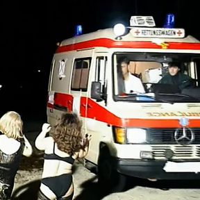 Horny midget sluts suck guy&#039;s tool in an ambulance