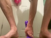 Sissy Crossdresser Cums While Sitting on Dildo