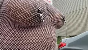 Walking Around in Fishnet Dress Fucking My Pussy on Public Staircase