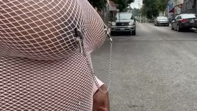 Walking Around in Fishnet Dress Fucking My Pussy on Public Staircase
