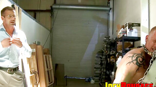 Cum smeared Derek Pain watches the sexy man takes painful flogger and slapping