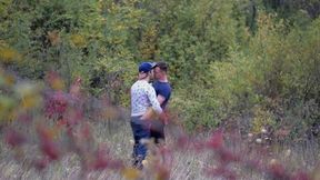 Jizz shot on the nature accompanied by clean-shaven bitch