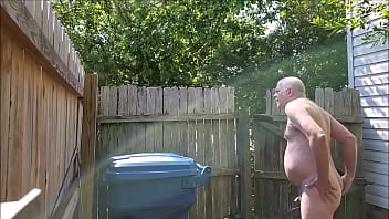 Naked old man flashing garbage truck