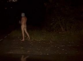 Wanking naked outside in road , few cars pass
