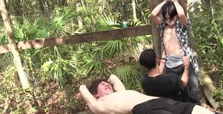 Insolent lads play threesome sex games in outdoor scenes