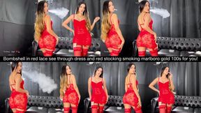 Bombshell in red lace see through dress and red stocking smoking marlboro gold 100s for you!