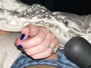 Teasing and edging him with a fleshly tugjob to completion. Bright blue fingernails on schlong