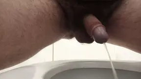 Front view, naked pissing in toilet