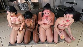 Four dumb broads with lipstick-smeared foreheads work out and choke on dildos, ending with spit-soaked faces