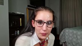 Nerdy girl in uniform giving me a sloppy blowjob and handjob until I dump my cum on her glasses