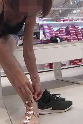 Pussy Flash - My Exhibitionist Wife Without Panties Plays the Slut in a Shoe Store