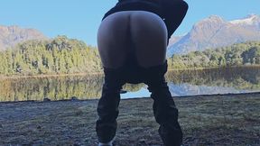 Girl peeing in public lake
