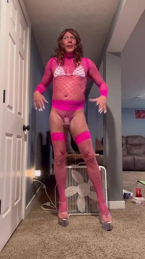 Crossdresser Orlandi480 Posing in Pink and Playing with Rock Hard Cock
