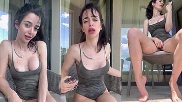 Squirting on a glass balcony of a luxury hotel
