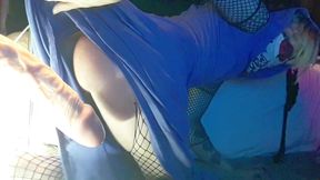 Sissy Crossdresser in Fishnets Takes Huge Dildo