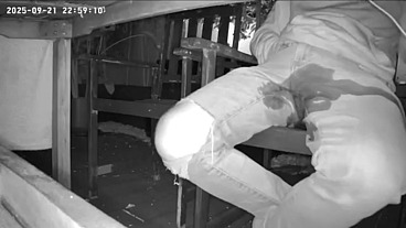 Amateur boy caught on night vision cam peeing himself sitting at the garden table (he totally wets his pants) )