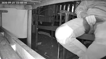 Amateur boy caught on night vision cam peeing himself sitting at the garden table (he totally wets his pants) )