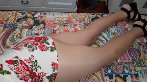 dani in nude tan pantyhose with red polished toenails