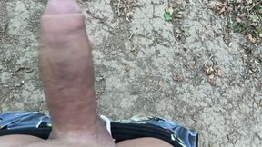 Jerk off Near Lake, Close up Looks on Big Glans and Cum to Lake