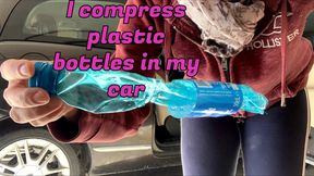 squeezing plastic bottles with my feet on top of my car