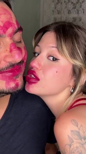 Non Stop Lipstick Kisses All Over His Face