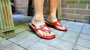 Small Asian feet in red flip flops and silver anklets - vol 4