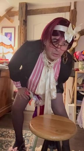 In an outfit with a little short skirt and a new blouse to take a dildo for me at a party