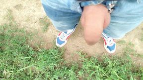 Piss on Self and Onto Ground with Uncut Cock on Outdoor Path