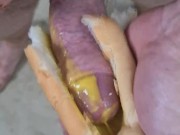 Guy shoves his cock between two saucy buns. ASMR. Hotdogs and mustard, not my proudest wank.