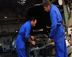 Attractive French babe double drilled in the mechanic garage