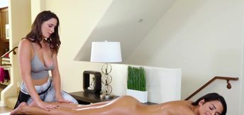 Slippery massage turns into deep tongue fucking