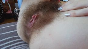 Super hairy big clit pussy close up side view orgasm with vibrator