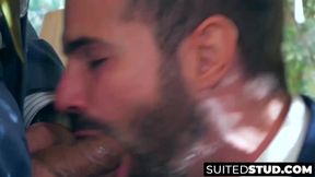 Suited Bruno Max and Dani Robles anal hammering balls deep
